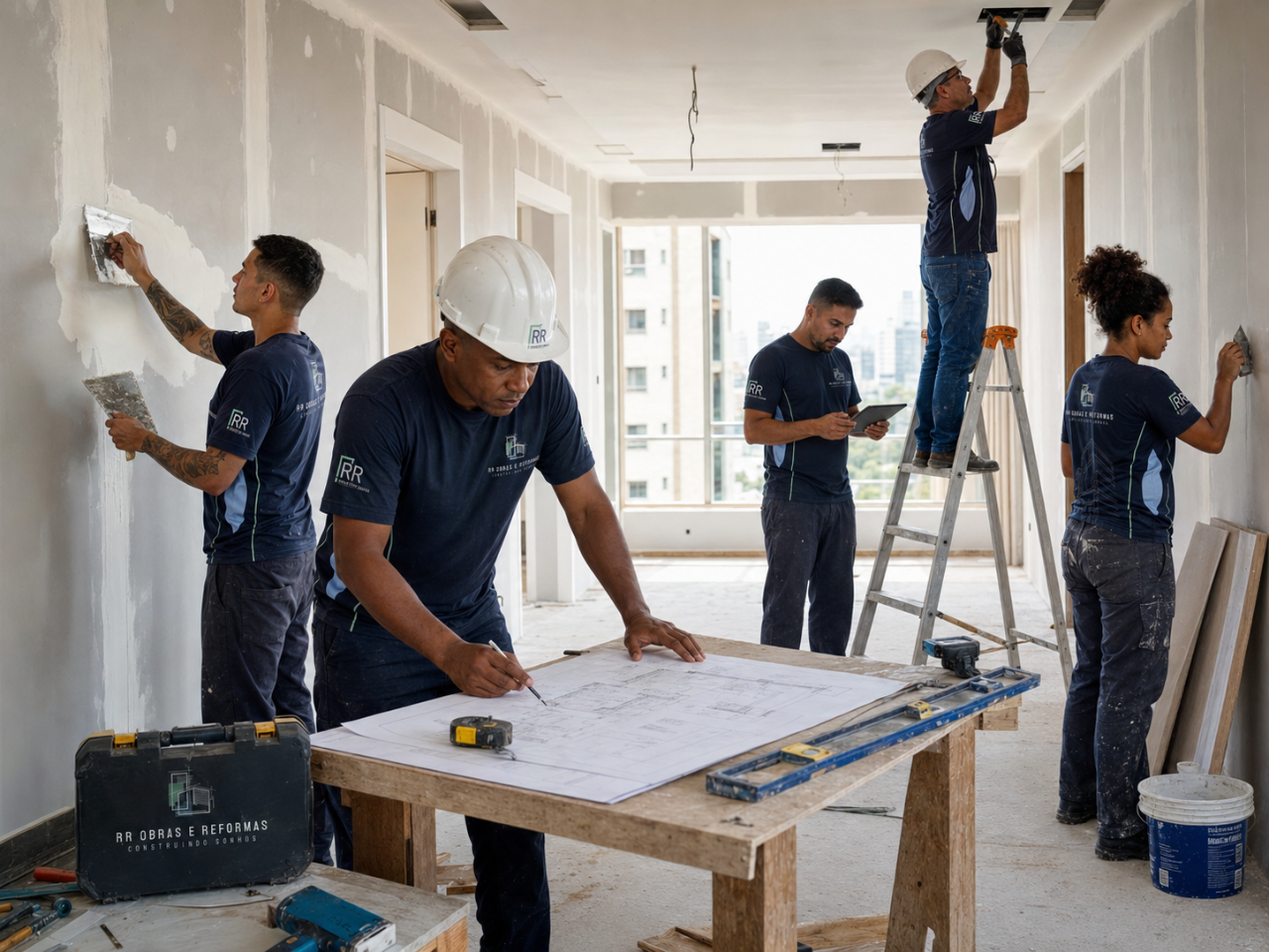 Equipe da RR Obras e Reformas analisando projeto no canteiro