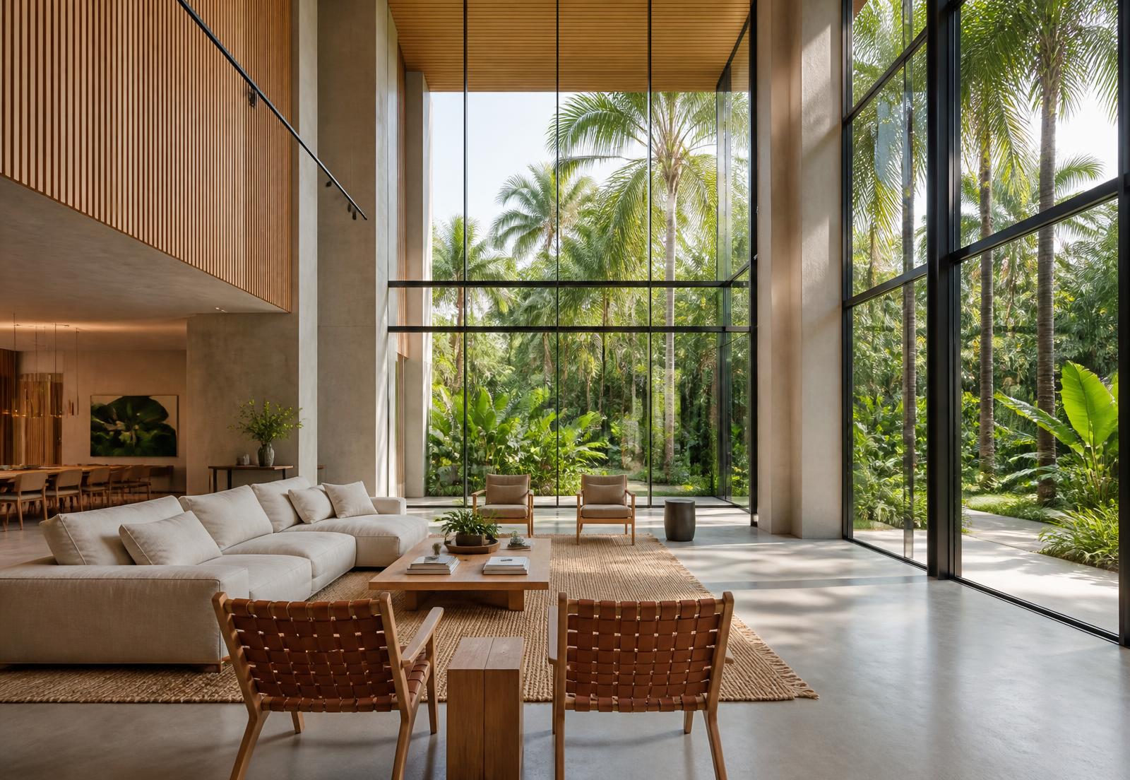 Sala de estar de pé-direito duplo com esquadria preta de piso a teto, madeira clara, microcimento e vegetação tropical vista pela janela